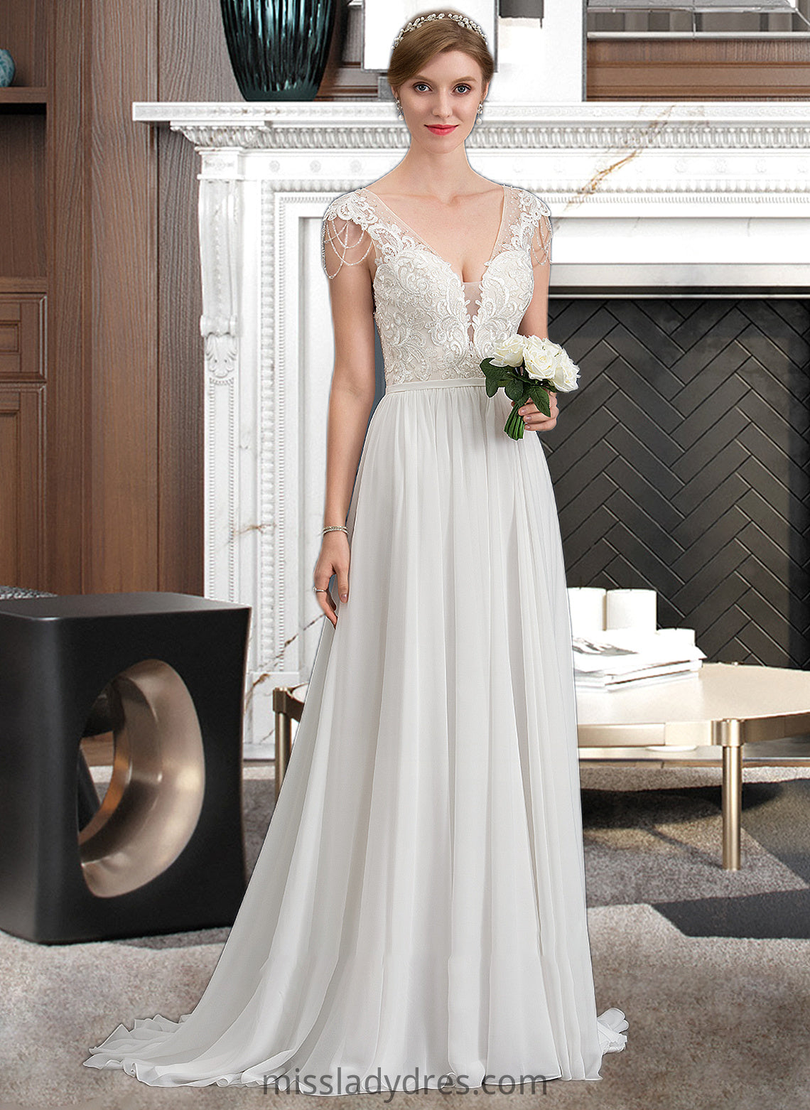 Jocelynn A-Line V-neck Sweep Train Chiffon Wedding Dress With Beading Sequins DBP0013792