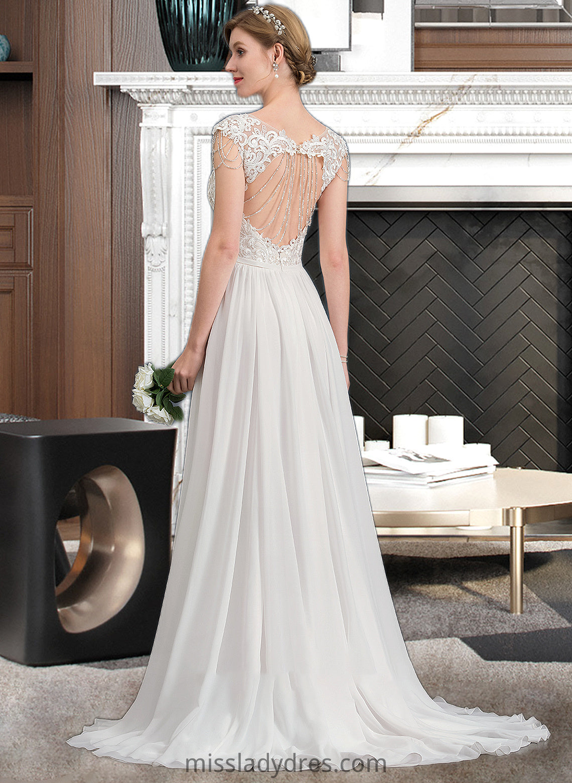 Jocelynn A-Line V-neck Sweep Train Chiffon Wedding Dress With Beading Sequins DBP0013792