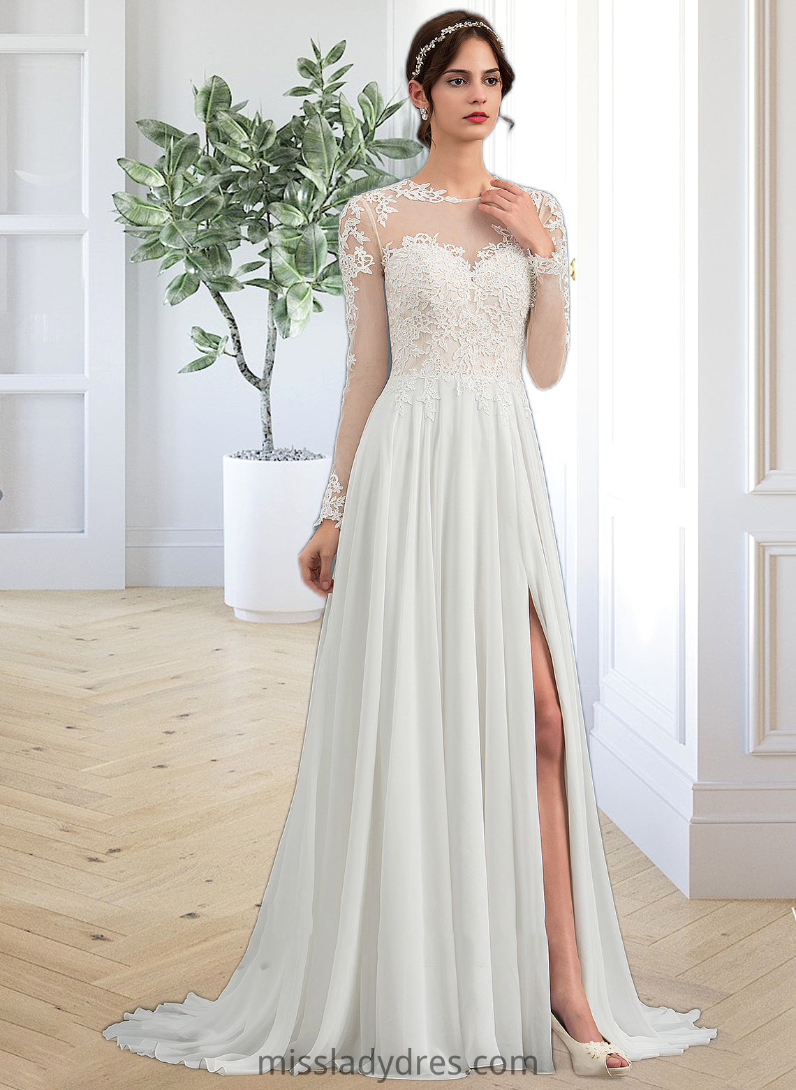 Grace A-Line Illusion Sweep Train Chiffon Wedding Dress With Appliques Lace Split Front DBP0013793