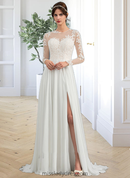 Grace A-Line Illusion Sweep Train Chiffon Wedding Dress With Appliques Lace Split Front DBP0013793