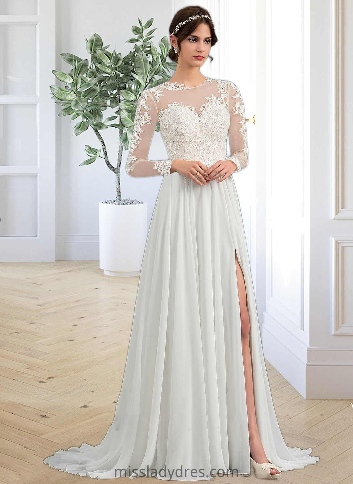 Grace A-Line Illusion Sweep Train Chiffon Wedding Dress With Appliques Lace Split Front DBP0013793