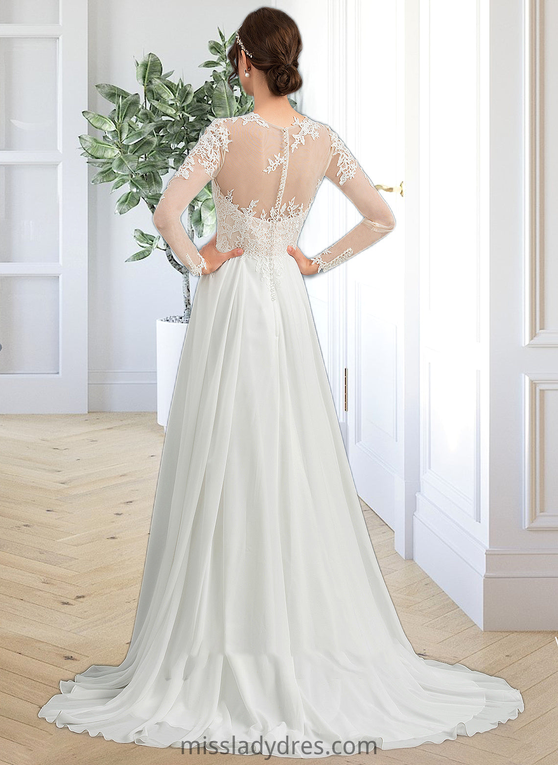 Grace A-Line Illusion Sweep Train Chiffon Wedding Dress With Appliques Lace Split Front DBP0013793