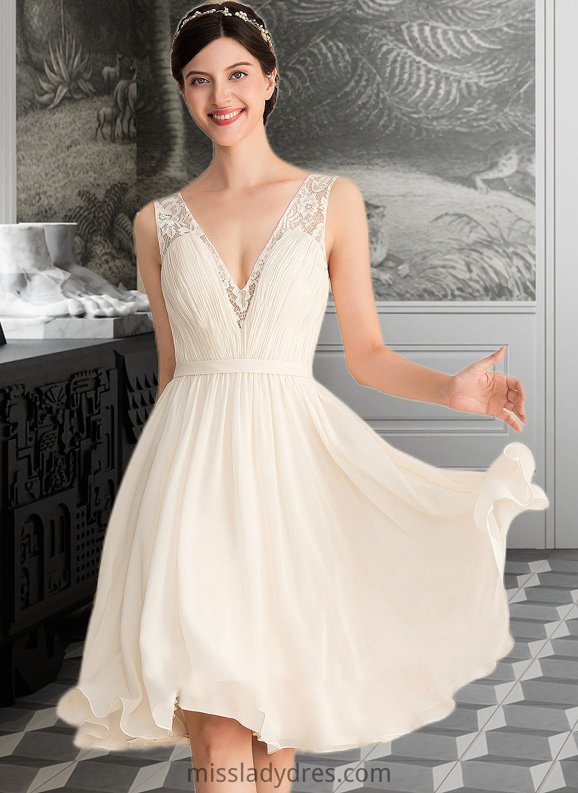 Michelle A-Line V-neck Knee-Length Chiffon Lace Wedding Dress With Ruffle DBP0013794