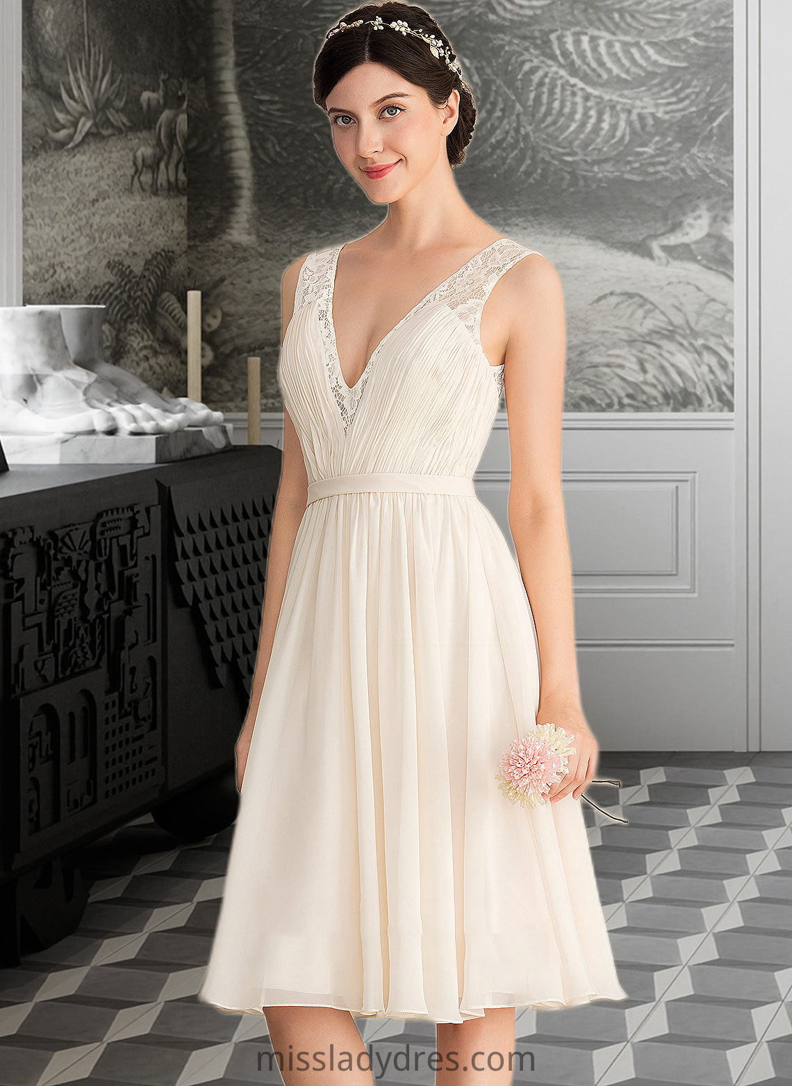 Michelle A-Line V-neck Knee-Length Chiffon Lace Wedding Dress With Ruffle DBP0013794