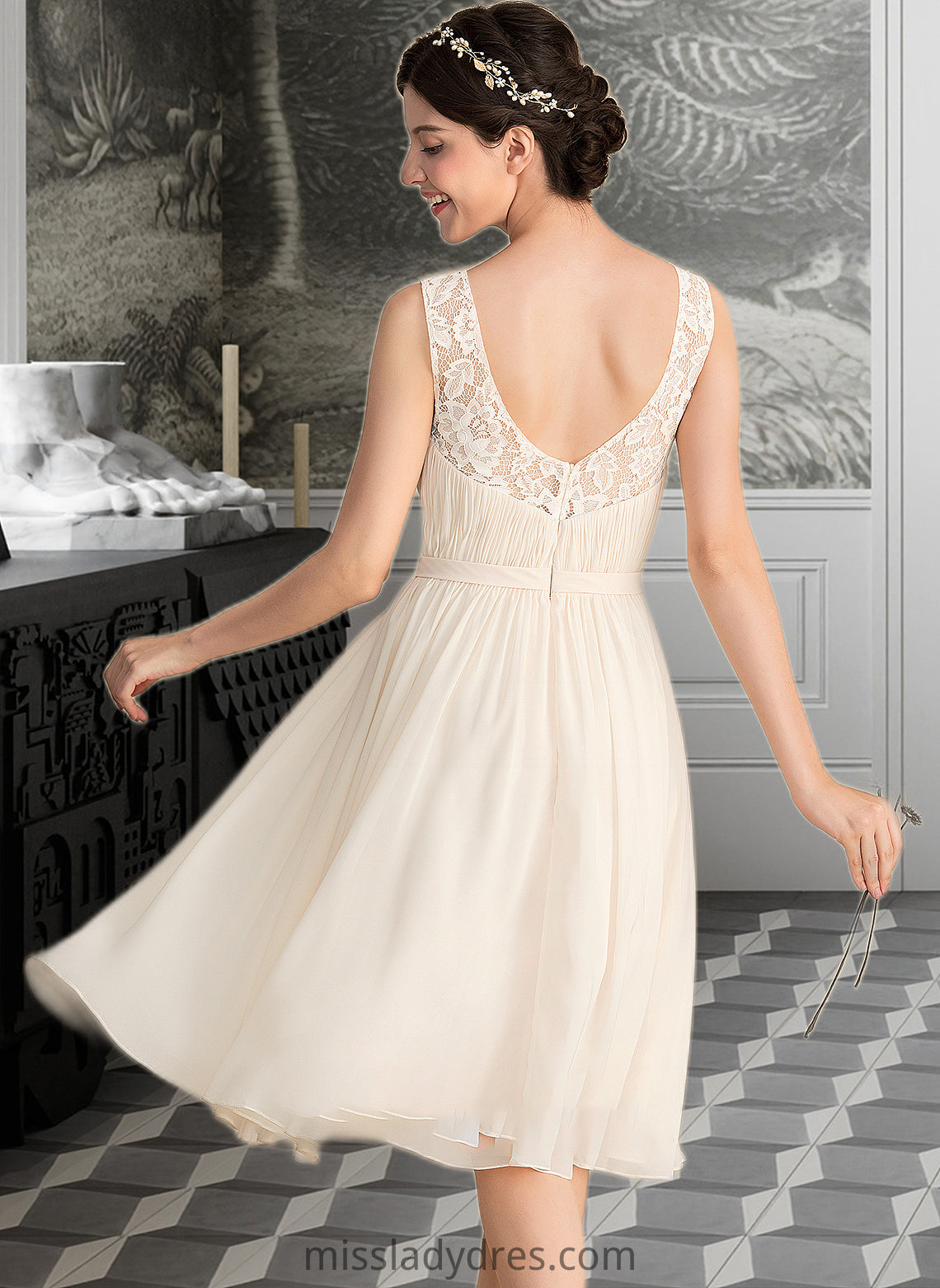 Michelle A-Line V-neck Knee-Length Chiffon Lace Wedding Dress With Ruffle DBP0013794