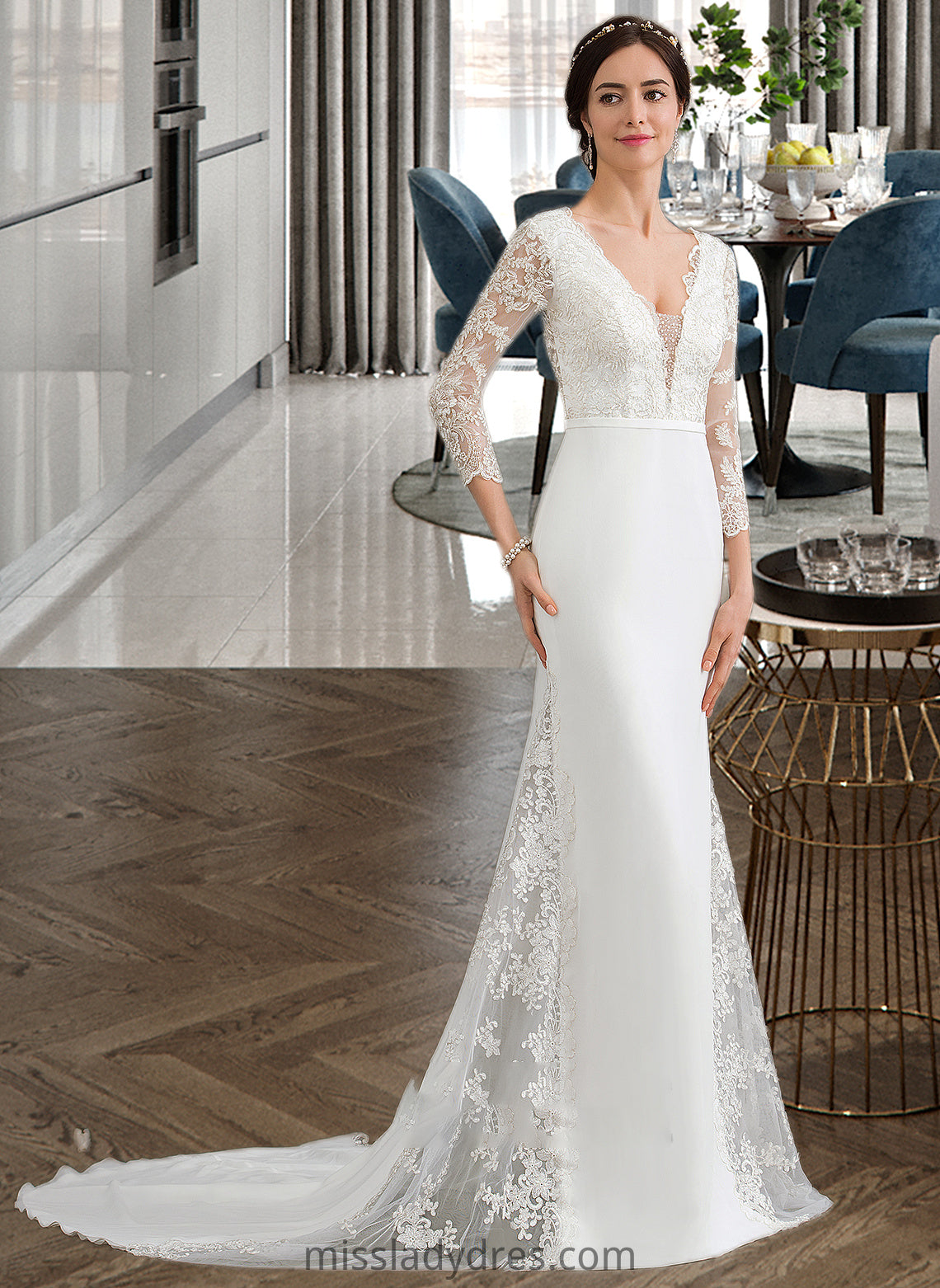 Maliyah Trumpet/Mermaid V-neck Chapel Train Chiffon Wedding Dress With Beading Sequins DBP0013795