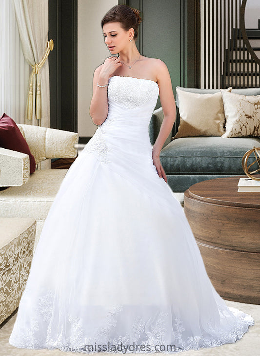 Nicola Ball-Gown/Princess Strapless Chapel Train Satin Organza Wedding Dress With Lace Beading DBP0013796