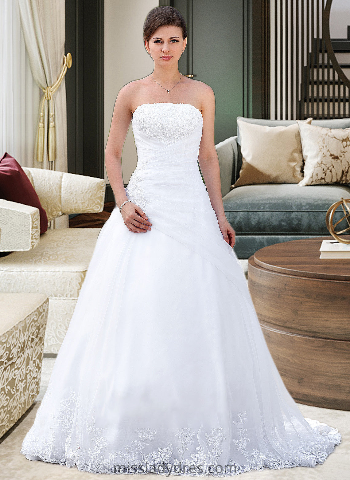 Nicola Ball-Gown/Princess Strapless Chapel Train Satin Organza Wedding Dress With Lace Beading DBP0013796