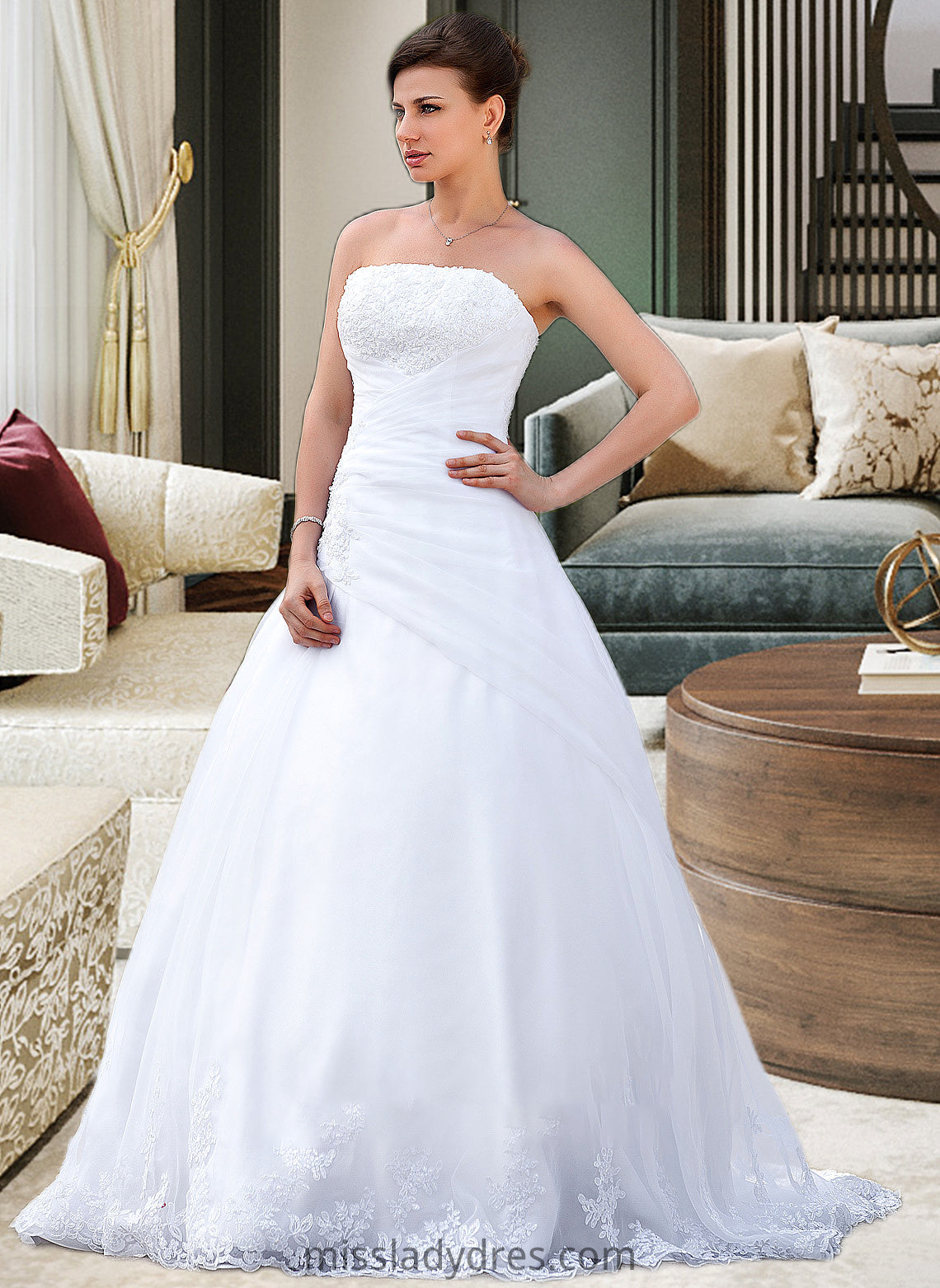 Nicola Ball-Gown/Princess Strapless Chapel Train Satin Organza Wedding Dress With Lace Beading DBP0013796