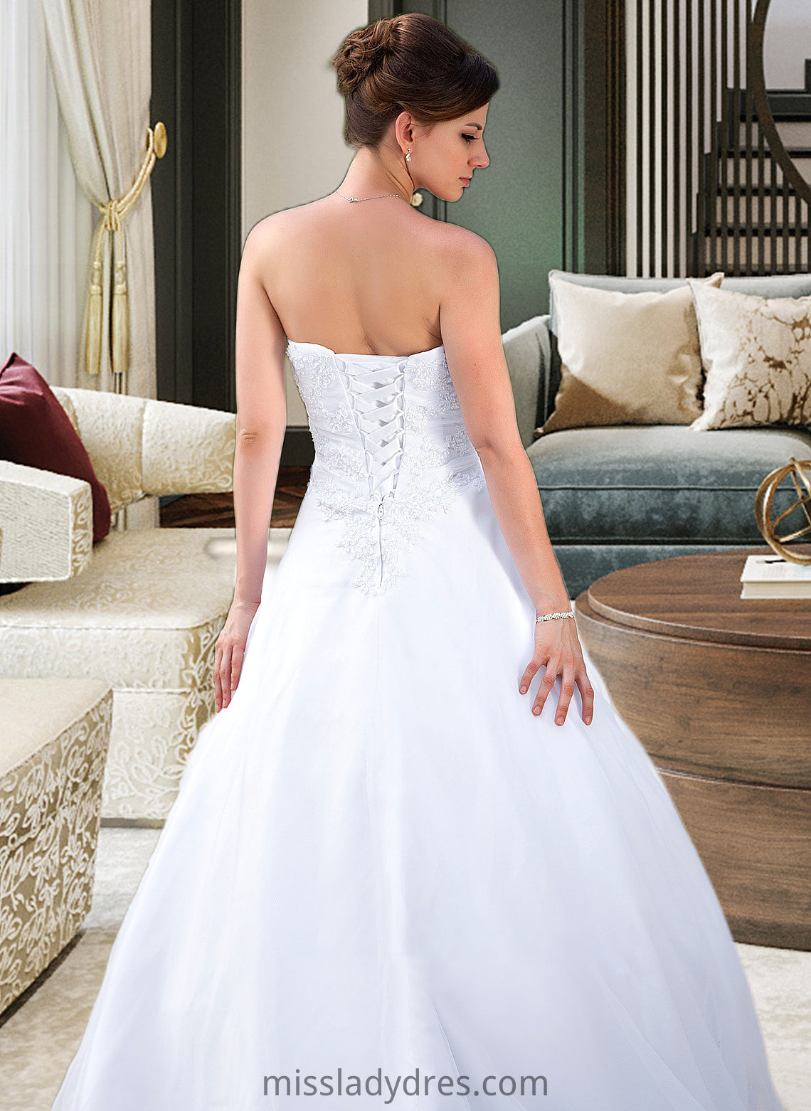 Nicola Ball-Gown/Princess Strapless Chapel Train Satin Organza Wedding Dress With Lace Beading DBP0013796