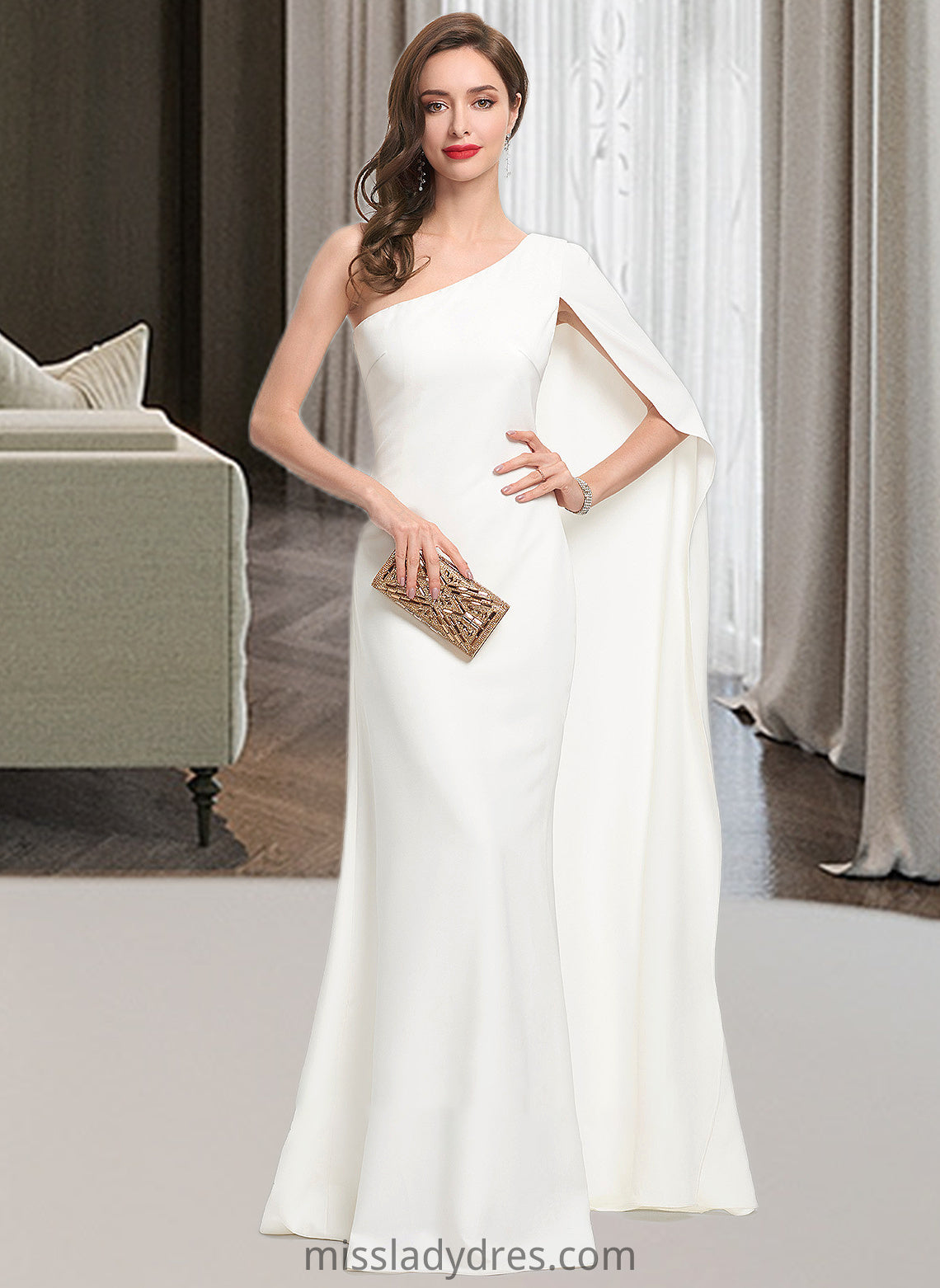 Summer Sheath/Column One-Shoulder Floor-Length Stretch Crepe Wedding Dress DBP0013801