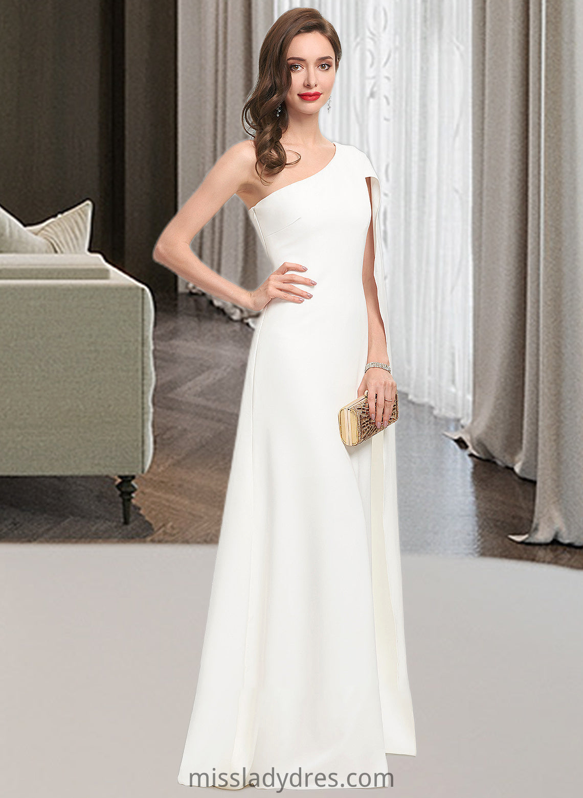 Summer Sheath/Column One-Shoulder Floor-Length Stretch Crepe Wedding Dress DBP0013801