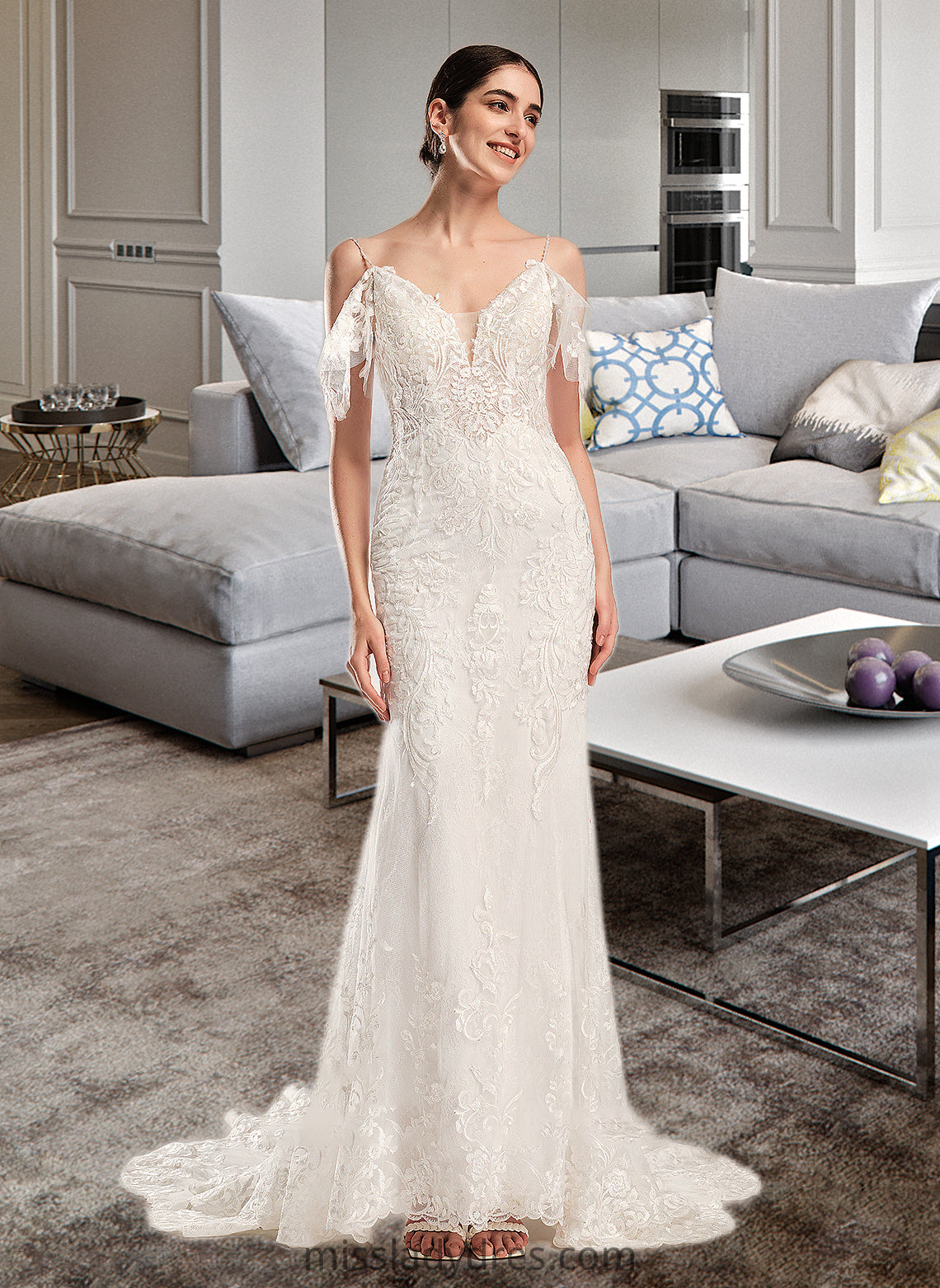 Cailyn Trumpet/Mermaid V-neck Chapel Train Wedding Dress With Beading Sequins DBP0013802