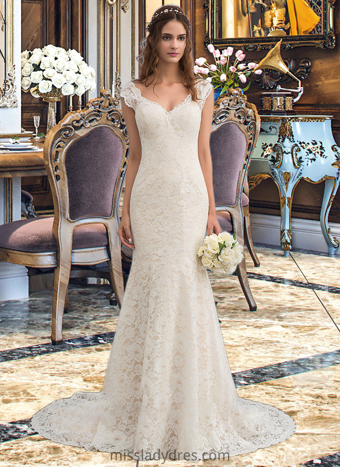 Daniella Trumpet/Mermaid V-neck Court Train Lace Wedding Dress DBP0013804