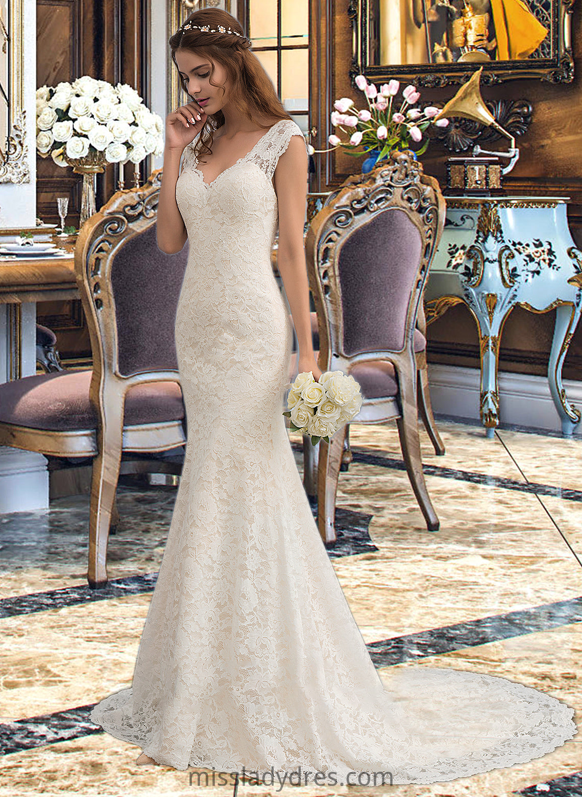 Daniella Trumpet/Mermaid V-neck Court Train Lace Wedding Dress DBP0013804