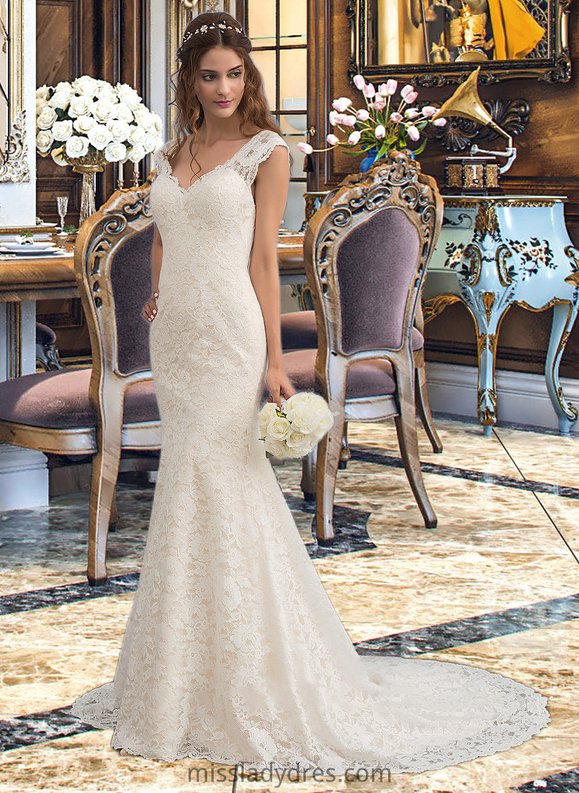 Daniella Trumpet/Mermaid V-neck Court Train Lace Wedding Dress DBP0013804