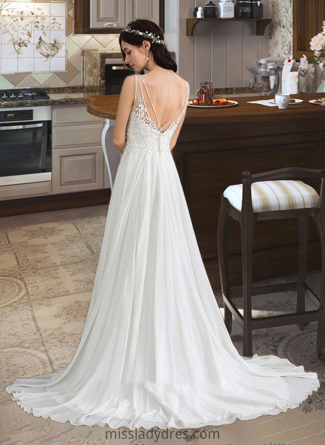 Marisa A-Line V-neck Sweep Train Chiffon Wedding Dress With Beading Sequins Split Front DBP0013806