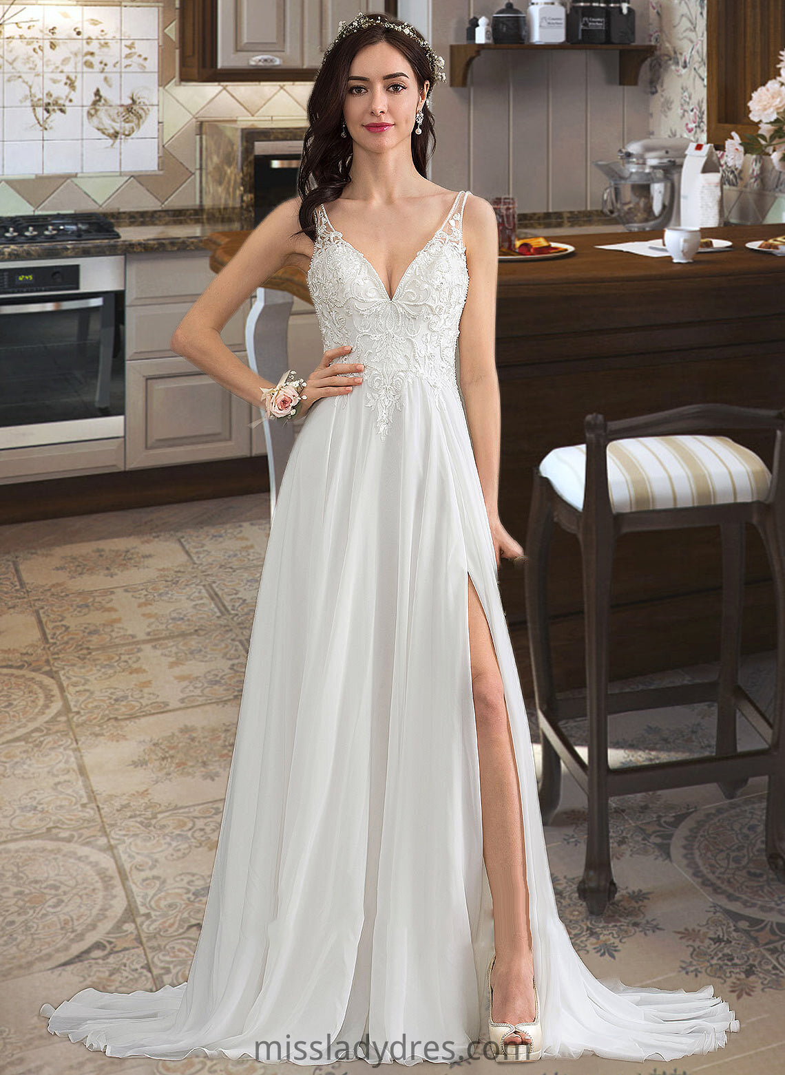 Marisa A-Line V-neck Sweep Train Chiffon Wedding Dress With Beading Sequins Split Front DBP0013806