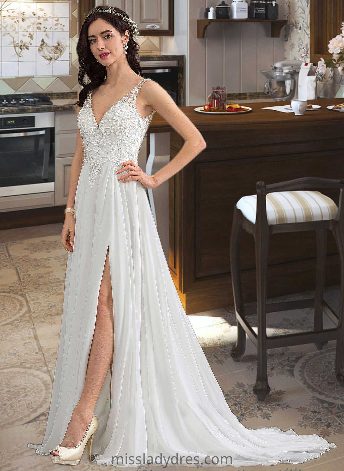 Marisa A-Line V-neck Sweep Train Chiffon Wedding Dress With Beading Sequins Split Front DBP0013806