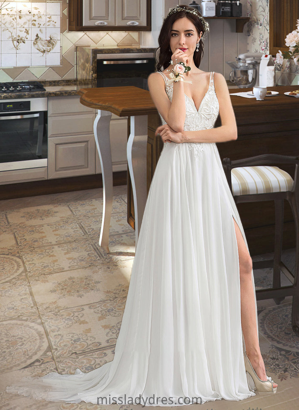 Marisa A-Line V-neck Sweep Train Chiffon Wedding Dress With Beading Sequins Split Front DBP0013806