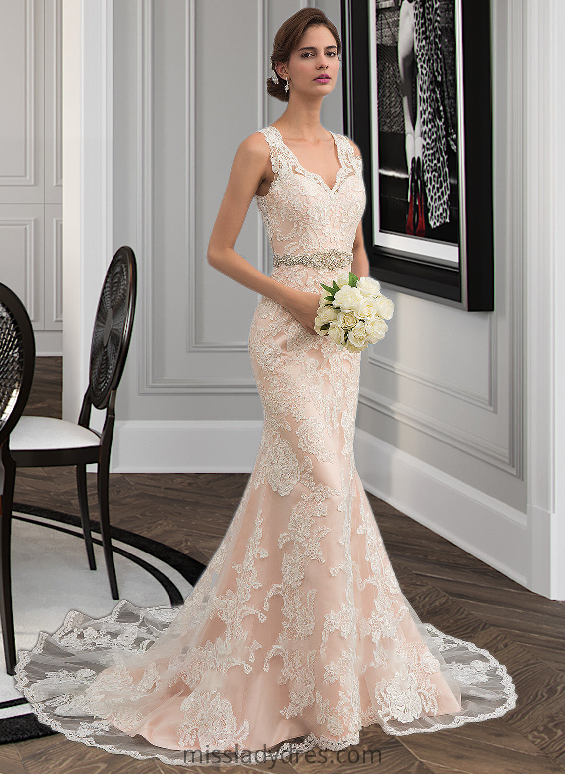 Cristal Trumpet/Mermaid V-neck Chapel Train Tulle Lace Wedding Dress With Beading DBP0013810