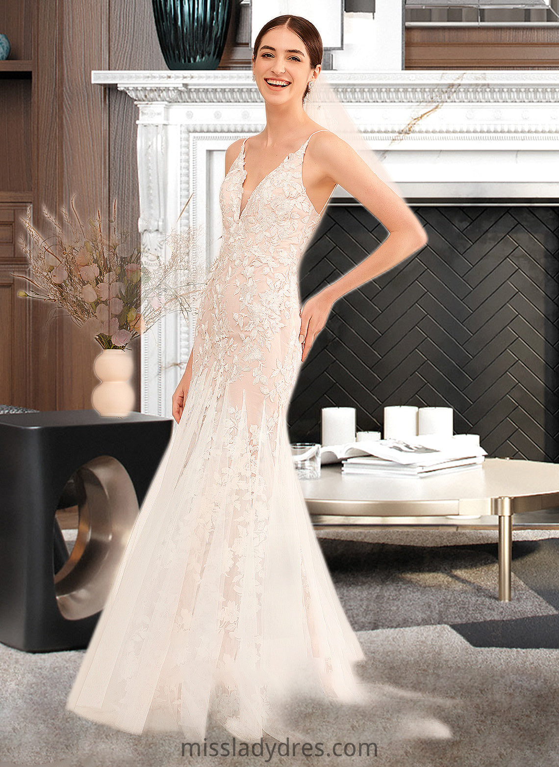 Giovanna Trumpet/Mermaid V-neck Court Train Wedding Dress With Lace DBP0013814