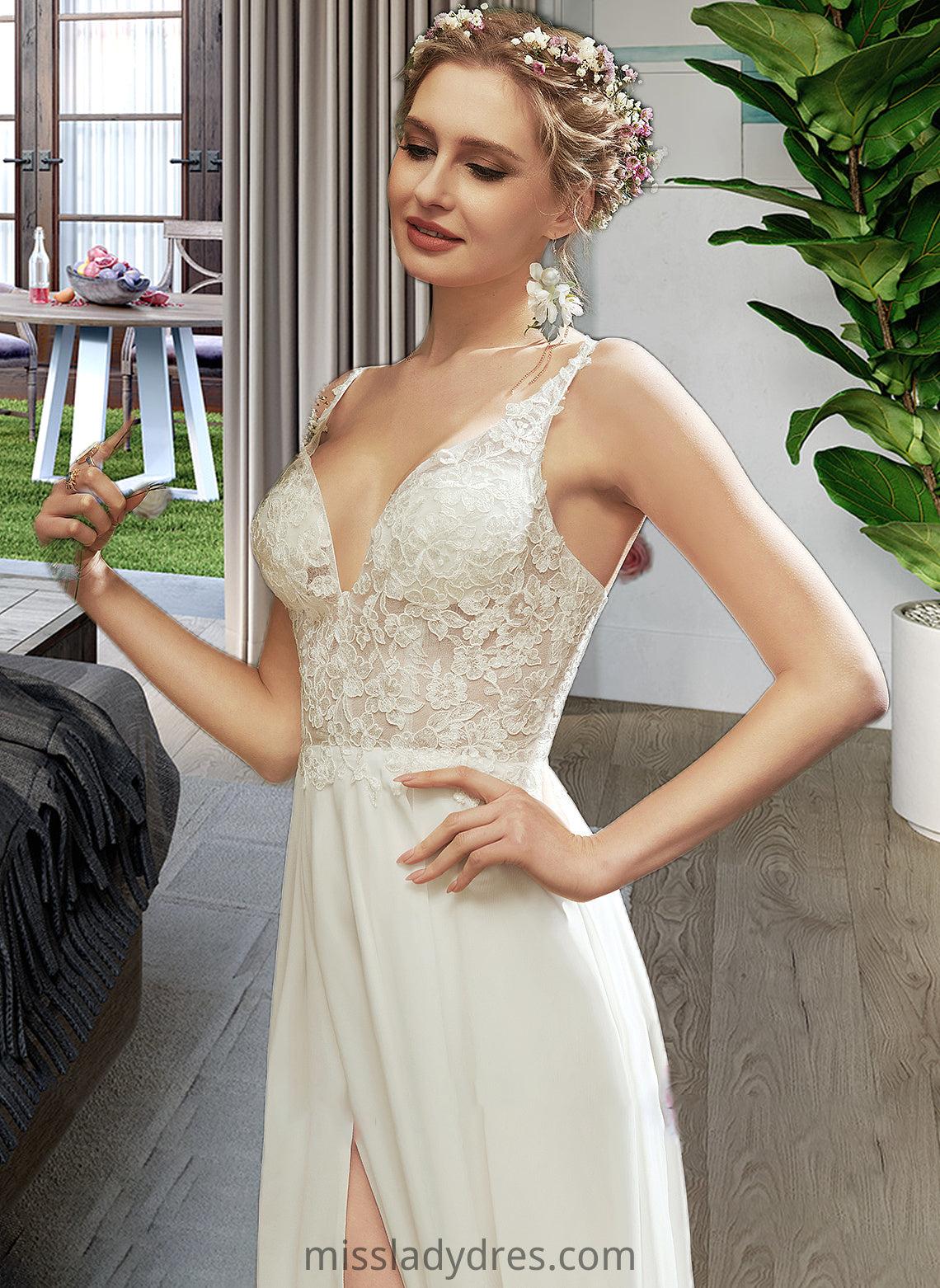 Dayana A-Line V-neck Floor-Length Wedding Dress With Lace Split Front DBP0013815