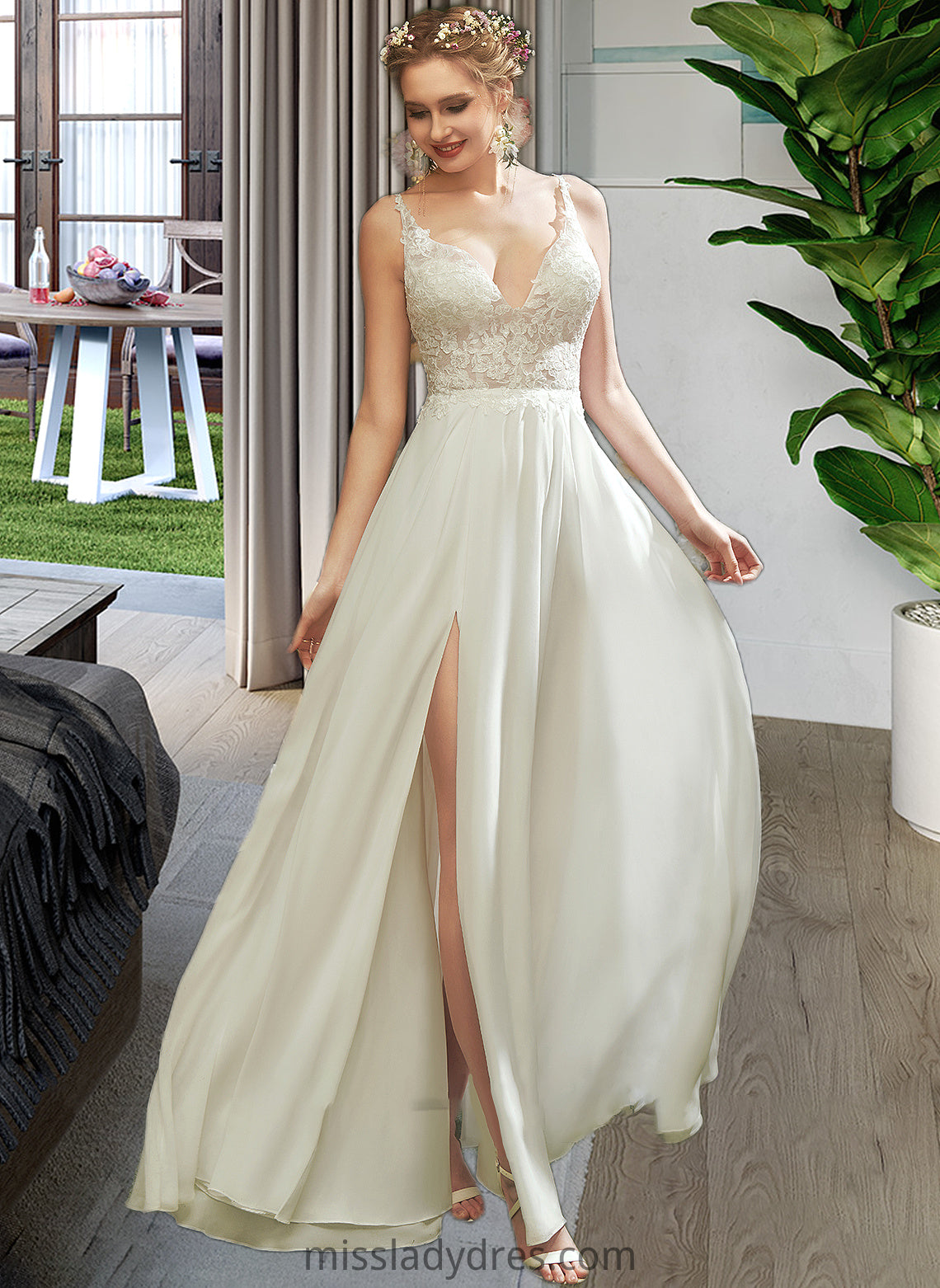 Dayana A-Line V-neck Floor-Length Wedding Dress With Lace Split Front DBP0013815