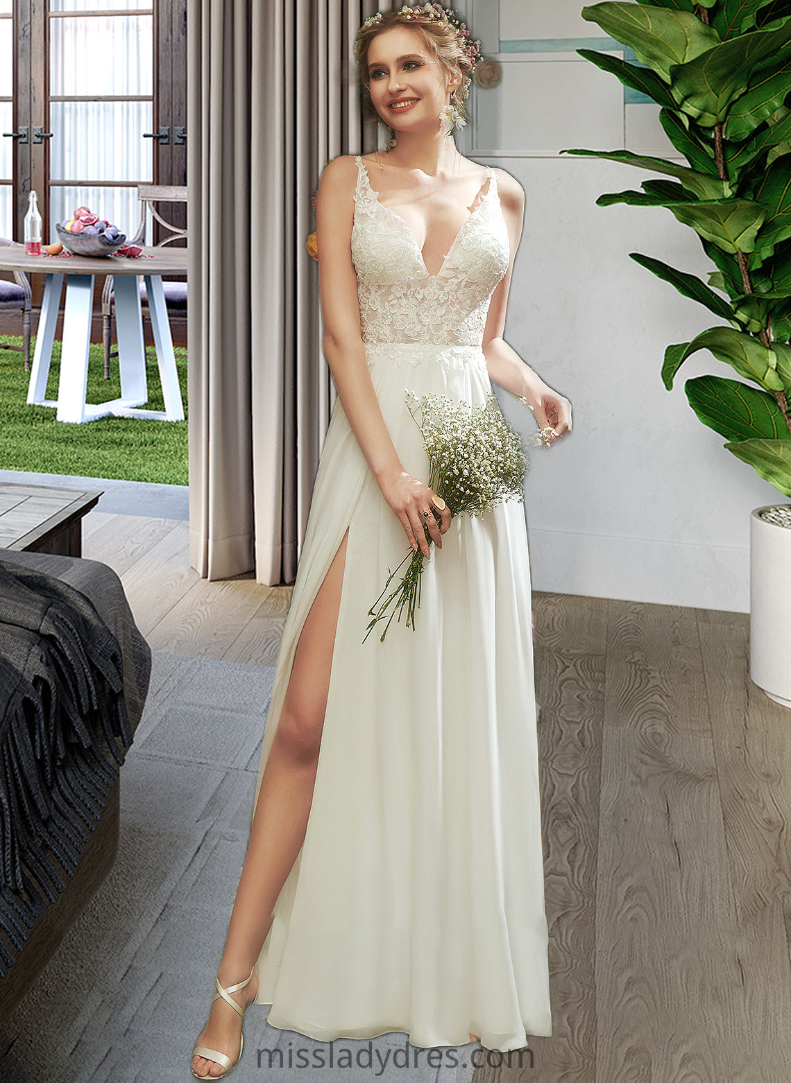 Dayana A-Line V-neck Floor-Length Wedding Dress With Lace Split Front DBP0013815