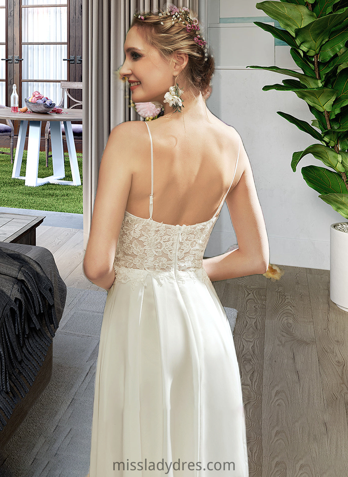 Dayana A-Line V-neck Floor-Length Wedding Dress With Lace Split Front DBP0013815