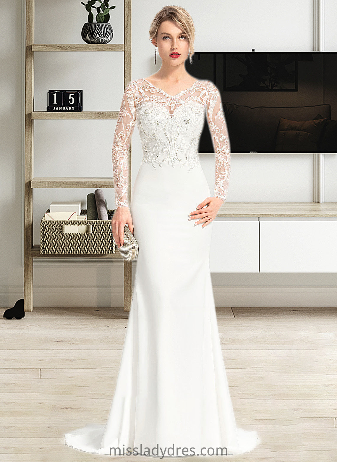 Hailee Trumpet/Mermaid V-neck Sweep Train Stretch Crepe Wedding Dress With Beading Sequins DBP0013816