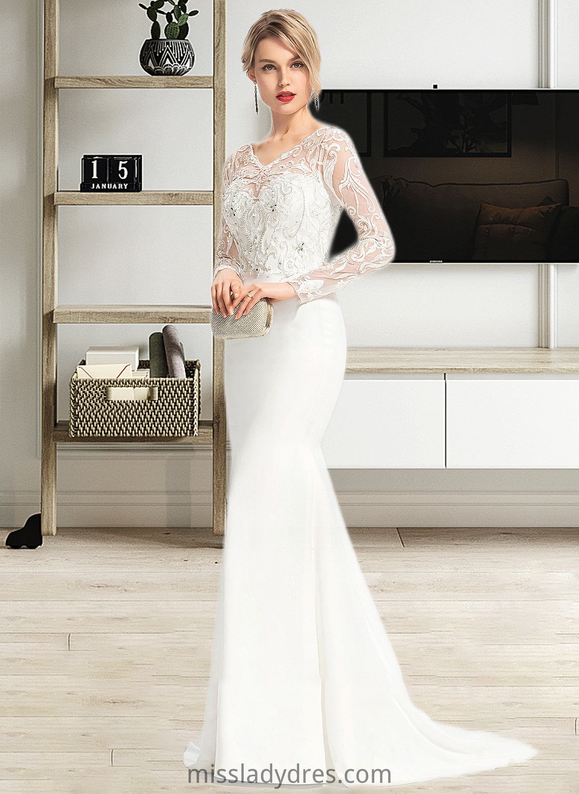 Hailee Trumpet/Mermaid V-neck Sweep Train Stretch Crepe Wedding Dress With Beading Sequins DBP0013816