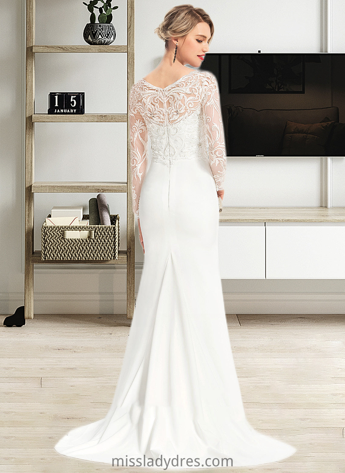 Hailee Trumpet/Mermaid V-neck Sweep Train Stretch Crepe Wedding Dress With Beading Sequins DBP0013816