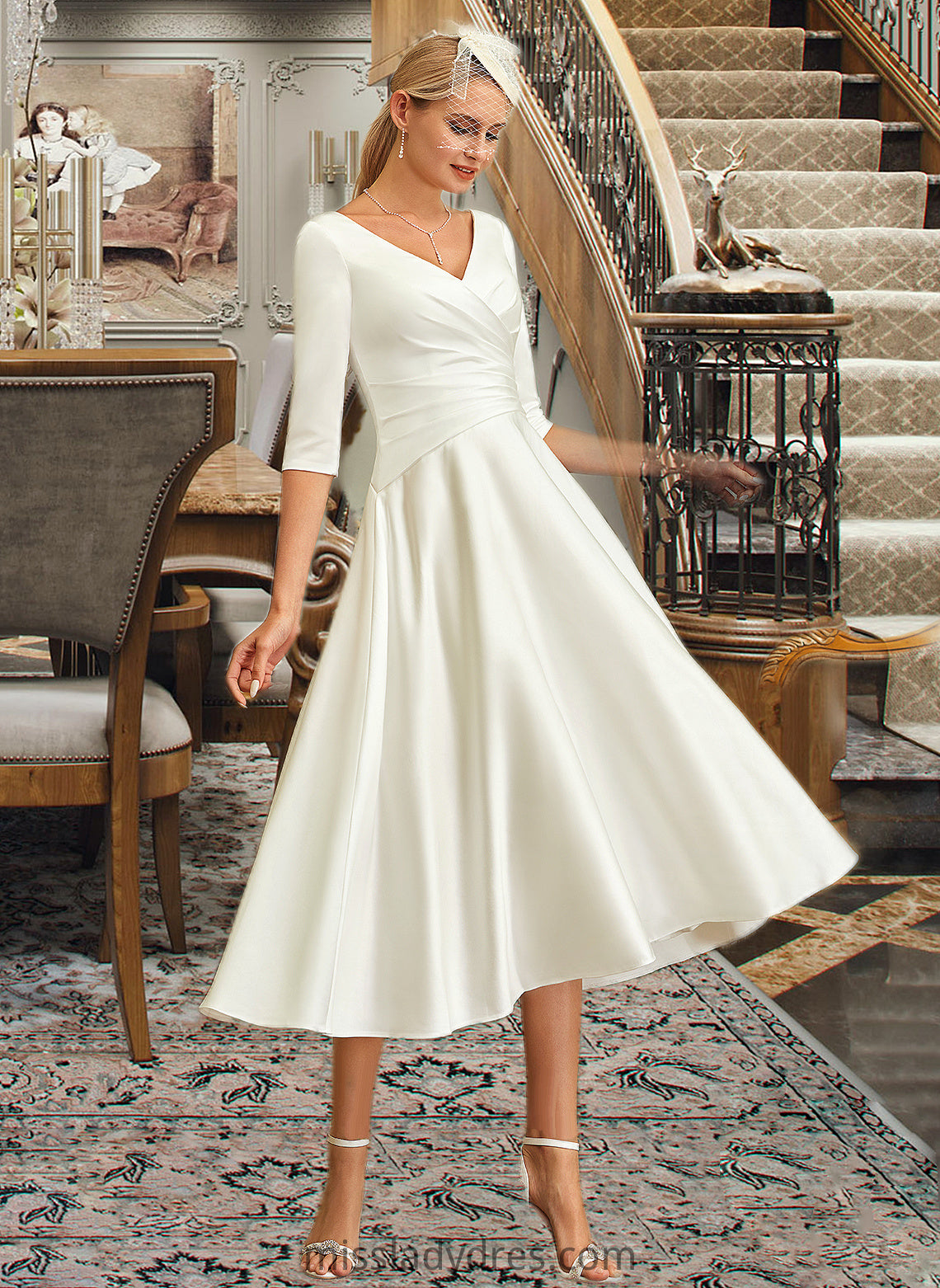 Eden A-Line V-neck Tea-Length Satin Wedding Dress DBP0013817