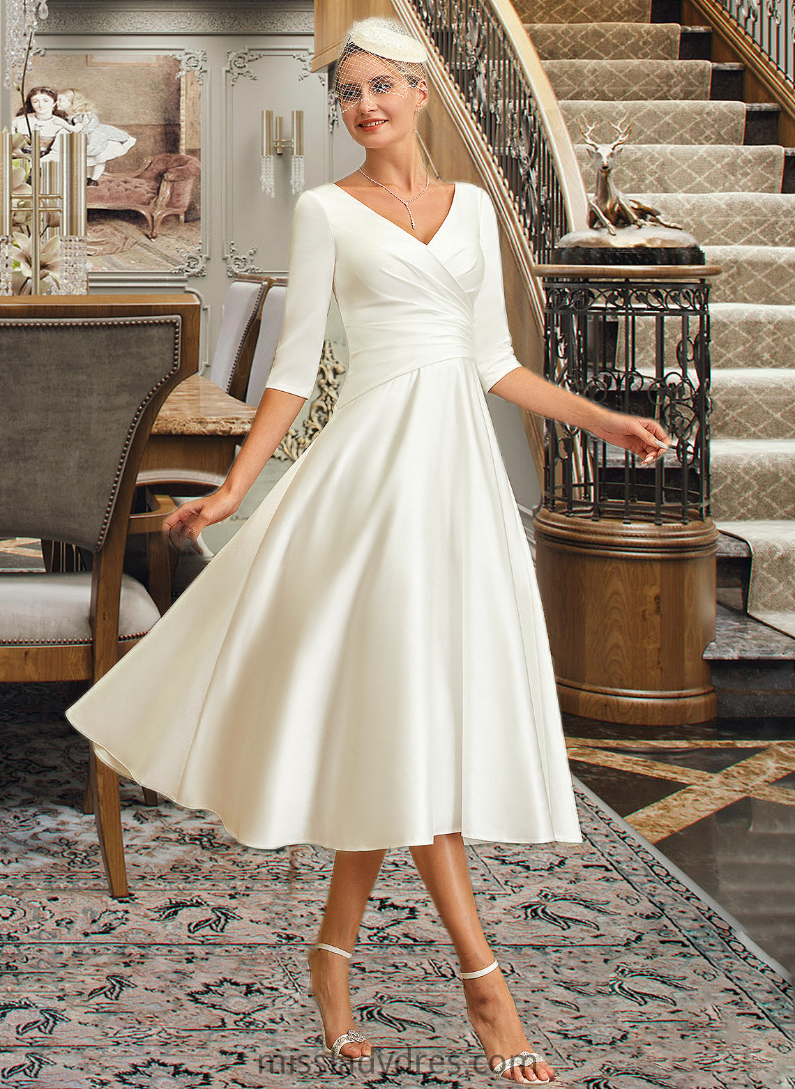 Eden A-Line V-neck Tea-Length Satin Wedding Dress DBP0013817