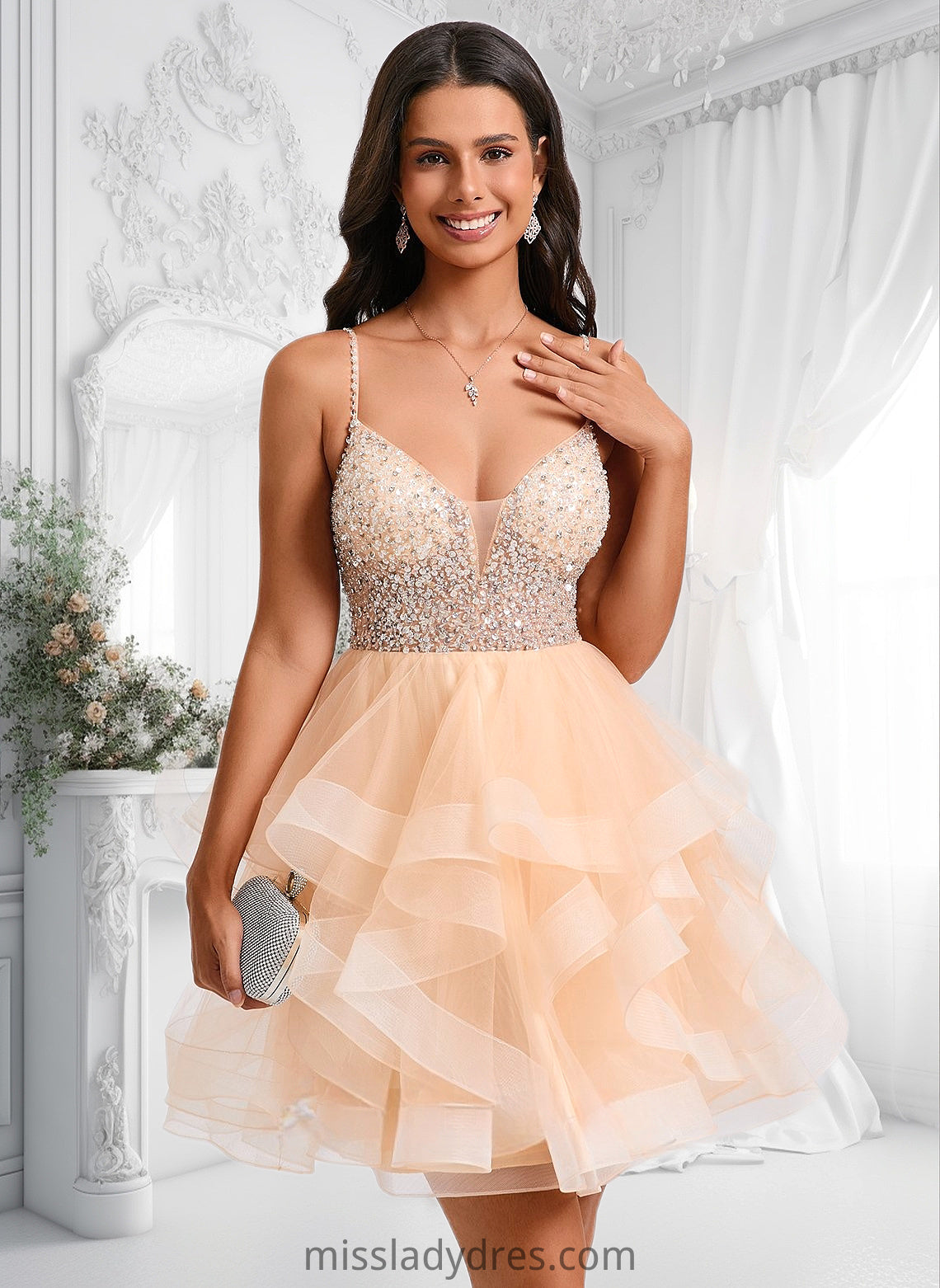 Dana Ball-Gown/Princess V-Neck Short Tulle Homecoming Dress With Beading Sequins DBP0025646