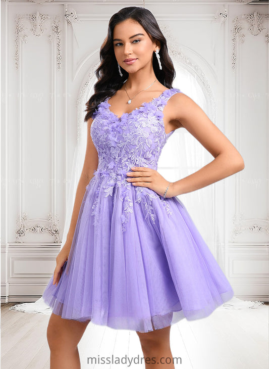 Makaila Ball-Gown/Princess V-Neck Short Lace Tulle Homecoming Dress With Flower DBP0025656