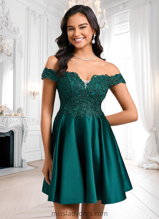 Melanie A-line Off the Shoulder Short Lace Satin Homecoming Dress With Rhinestone DBP0025718