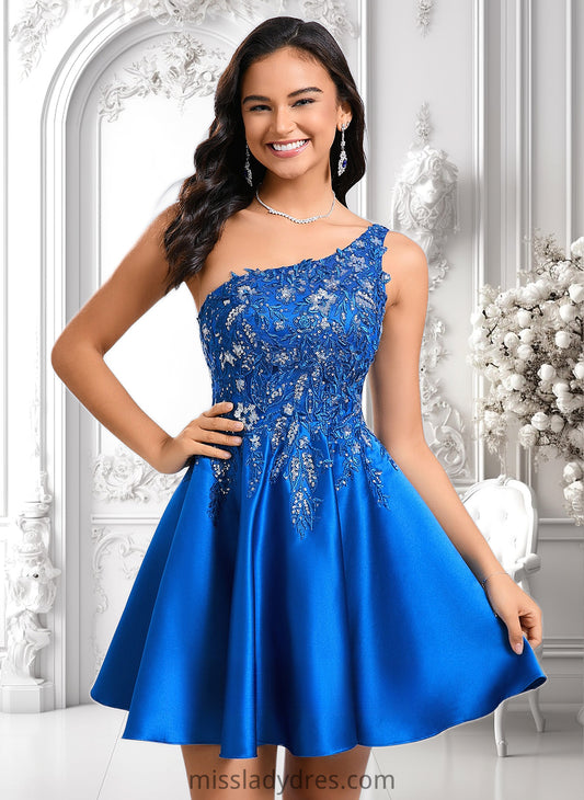 Casey A-line One Shoulder Short Satin Homecoming Dress With Appliques Lace Sequins DBP0025657