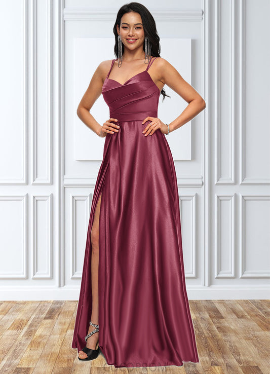 Alayna A-line V-Neck Floor-Length Satin Prom Dresses DBP0022197