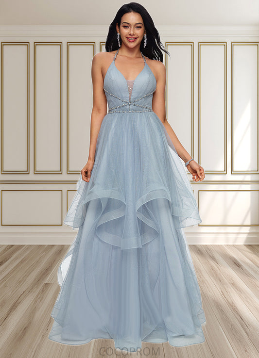 Charlie Ball-Gown/Princess Halter V-Neck Floor-Length Tulle Prom Dresses With Beading Rhinestone Sequins DBP0022199