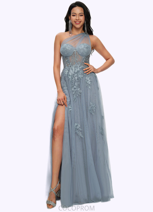 Helen A-line One Shoulder Floor-Length Tulle Prom Dresses With Appliques Lace Sequins DBP0022200