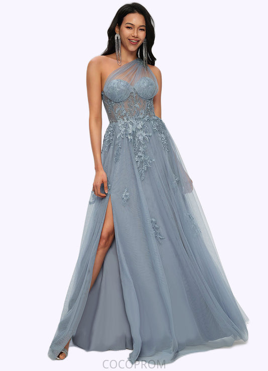 Helen A-line One Shoulder Floor-Length Tulle Prom Dresses With Appliques Lace Sequins DBP0022200