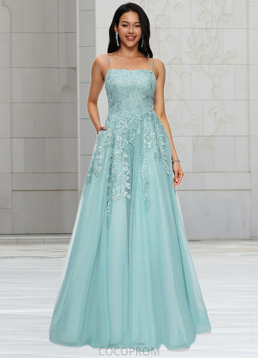 Beatrice Ball-Gown/Princess Straight Floor-Length Tulle Prom Dresses With Appliques Lace Sequins DBP0022206