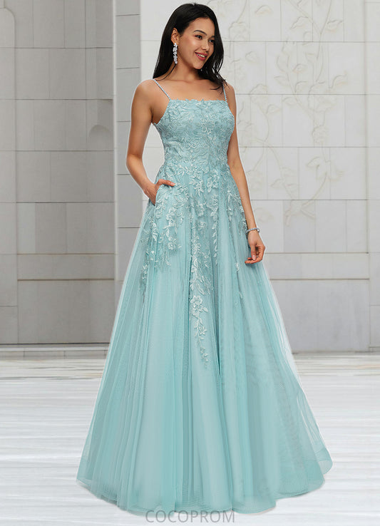 Beatrice Ball-Gown/Princess Straight Floor-Length Tulle Prom Dresses With Appliques Lace Sequins DBP0022206