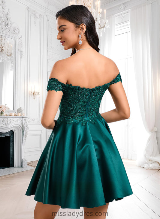 Melanie A-line Off the Shoulder Short Lace Satin Homecoming Dress With Rhinestone DBP0025718