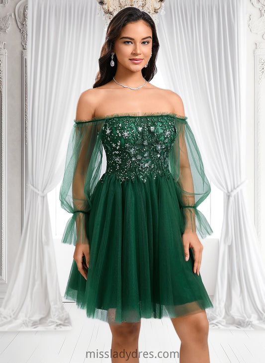 Yazmin A-line Off the Shoulder Short Tulle Homecoming Dress With Sequins Appliques Lace DBP0025663