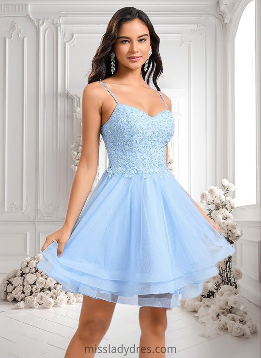 Elise A-line V-Neck Short Lace Tulle Homecoming Dress With Rhinestone Sequins DBP0025658