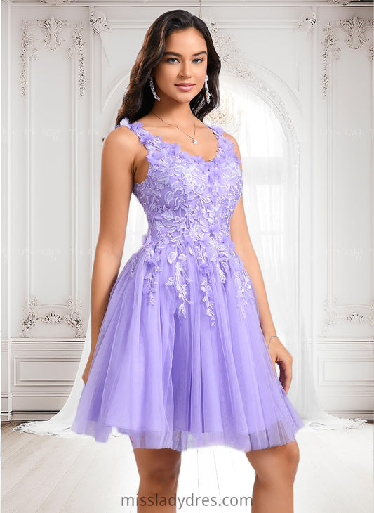 Makaila Ball-Gown/Princess V-Neck Short Lace Tulle Homecoming Dress With Flower DBP0025656