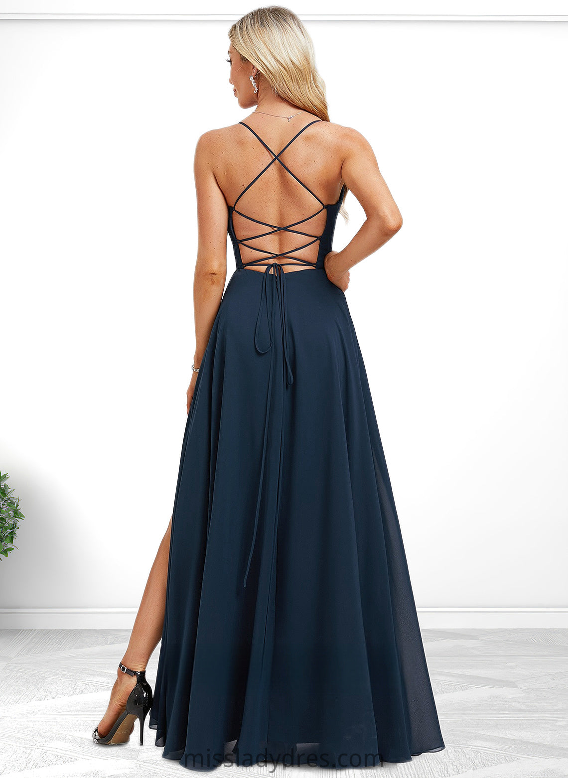 Mallory A-line V-Neck Floor-Length Chiffon Prom Dresses With Pleated DBP0025830